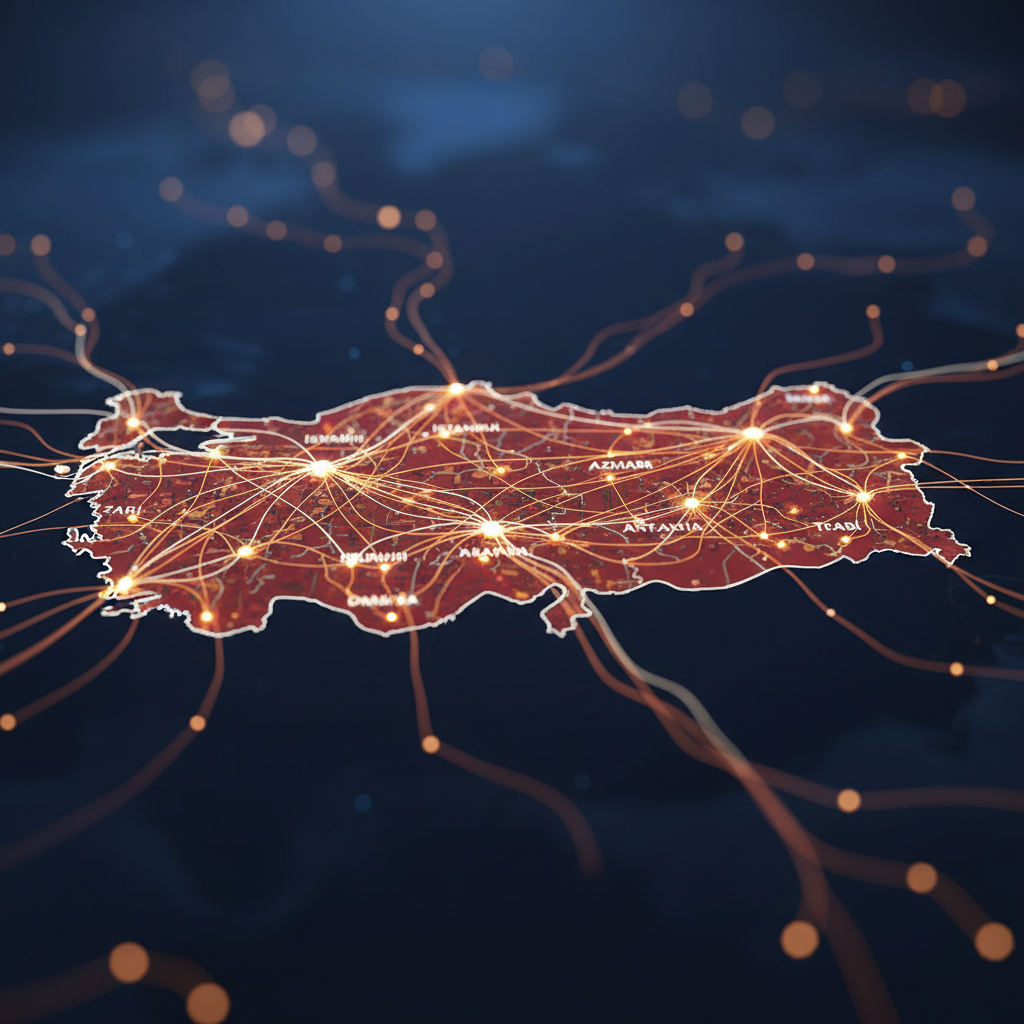 Türkiye haritası, online eğitim ve uzaktan çalışmayla kariyer dönüşümünü simgeleyen dijital bağlantılar. Geleceğin yetkinlikleri Türkiye'de.