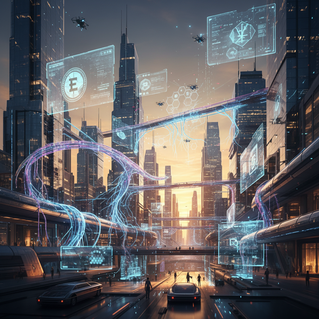 Kripto para sembolleri ve Web3 arayüzleriyle fütüristik şehir. Pasif gelir için dijital ağlar ve finansal fırsatlar sunan yenilikçi teknoloji.