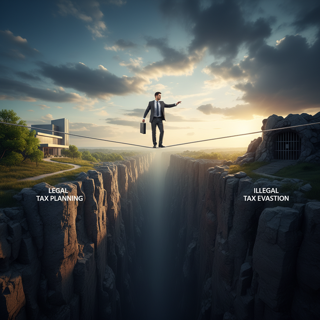 İpte yürüyen kişi, yasal vergi planlaması ve vergi kaçırma arasındaki ince çizgiyi temsil ediyor. Bireysel/kurumsal vergi rehberi 2025.