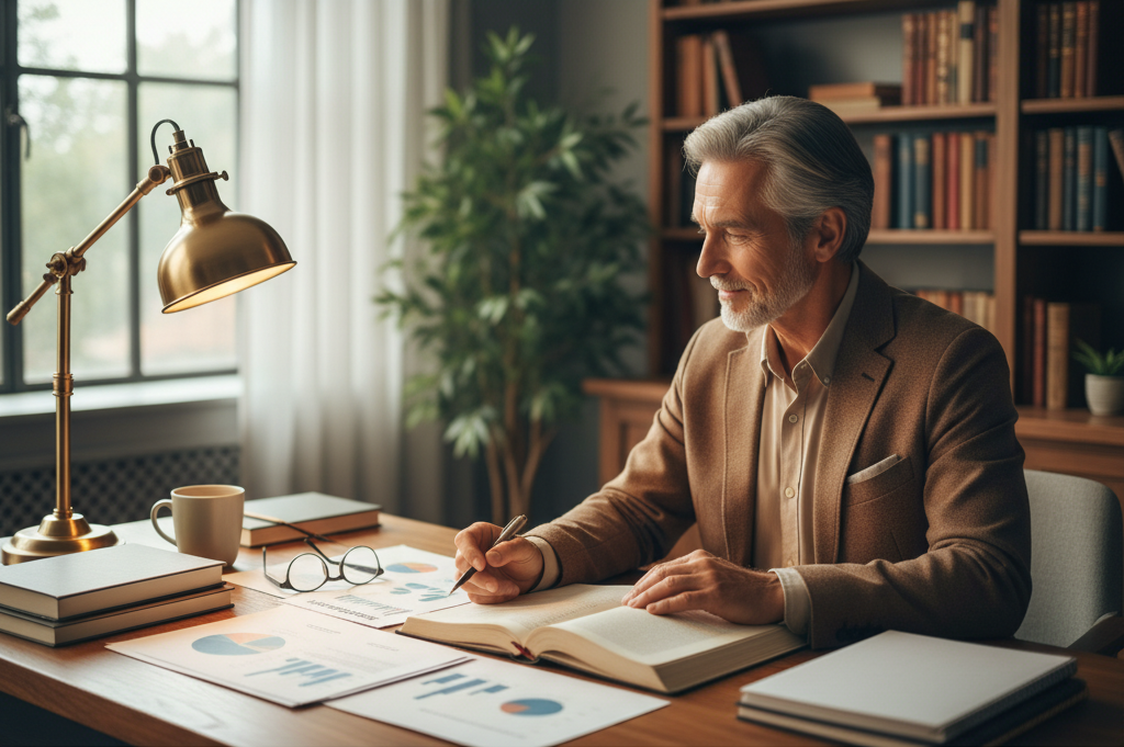 Deneyimli bir uzman, 2025 Türkiye Vergi Rehberi için belgeleri inceliyor. Bireysel ve kurumsal vergi planlamasıyla yasal tasarruf stratejileri.
