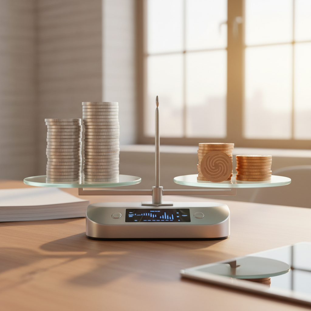 DeFi'da eşler arası borç verme ve alma dengesini gösteren dijital terazi. Kripto tokenlar ile merkeziyetsiz finans ve yatırım rehberi.