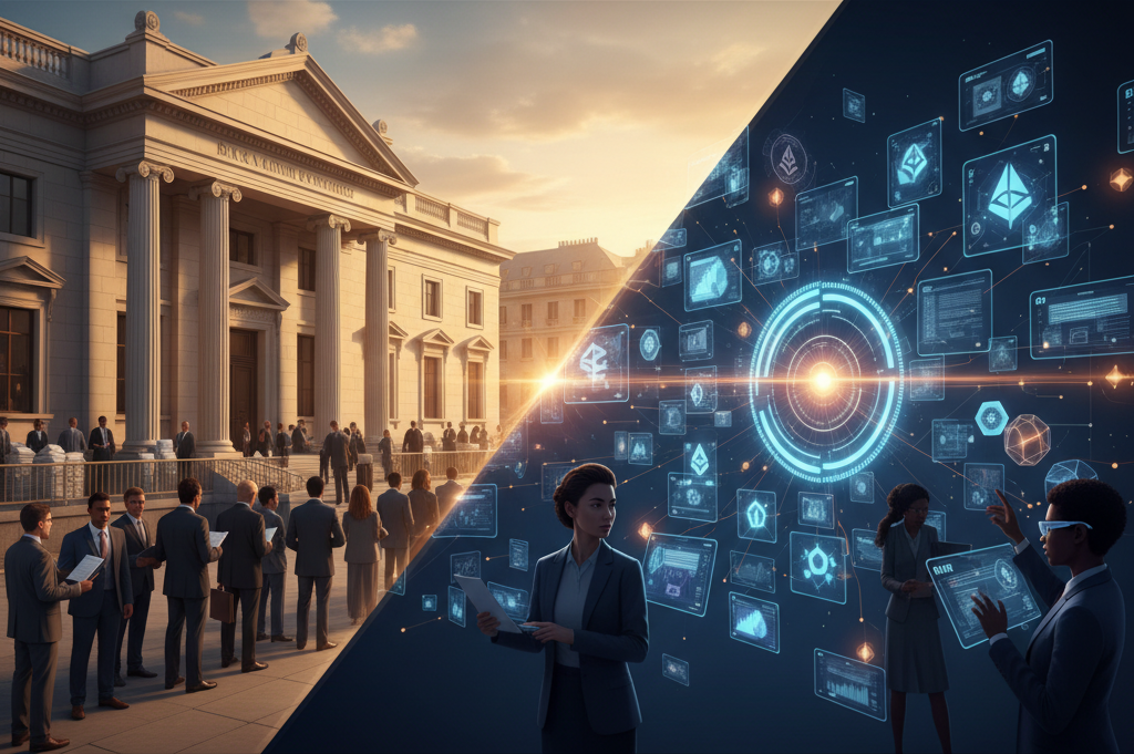 CeFi bankacılık ve fütüristik DeFi (Merkeziyetsiz Finans) arasındaki zıtlık. Kripto dünyasında yeni finansal yatırım fırsatlarını keşfedin.