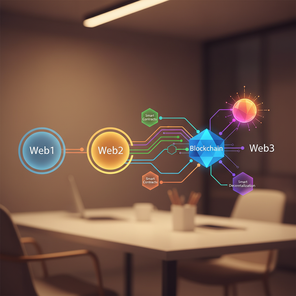 Web1'den Web3'e internetin evrimini anlatan renkli infografik. Merkeziyetsizlik, blockchain, akıllı sözleşmeler ve Türkiye'de Web3/DeFi yatırım fırsatları.