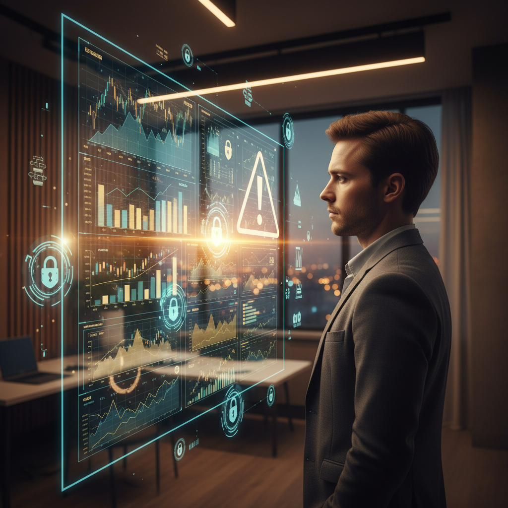 DeFi risk yönetimi, Web3 ve Türkiye'deki yatırım fırsatları için temel. Finansal grafiği inceleyen kişi, güvenlik ikonları ve uyarı işareti.