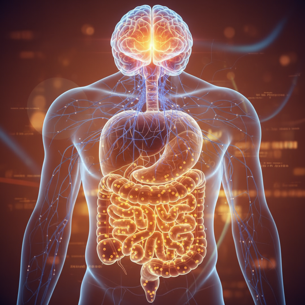 Beyin-bağırsak bağlantısını gösteren stilize illüstrasyon. Bağırsak mikrobiyotası, nöral yollar ve ruh hali arasındaki bilimsel ilişkiyi vurgular.