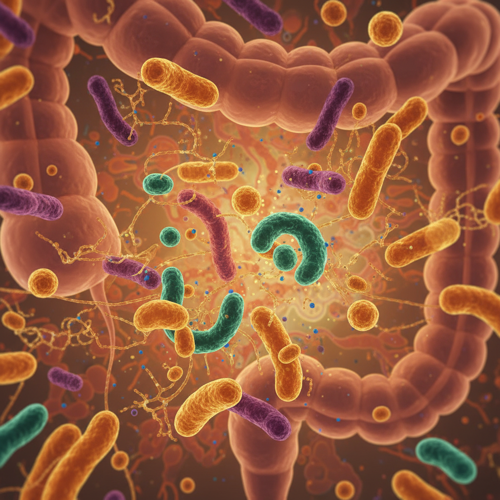 Canlı renklerdeki sağlıklı ve çeşitli bağırsak mikrobiyotası. Ruh hali bağlantısı ve mutlu yaşam için bilimsel ipuçları.