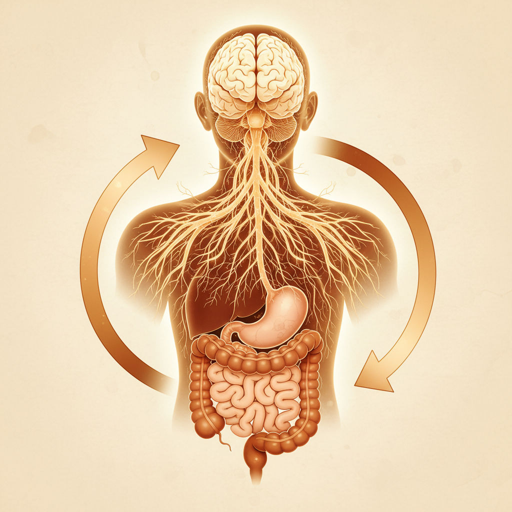 Beyin-bağırsak eksenindeki vagus sinirinin çift yönlü sinirsel iletişimini gösteren anatomik çizim. Ruh hali ve mikrobiyota bağlantısı.