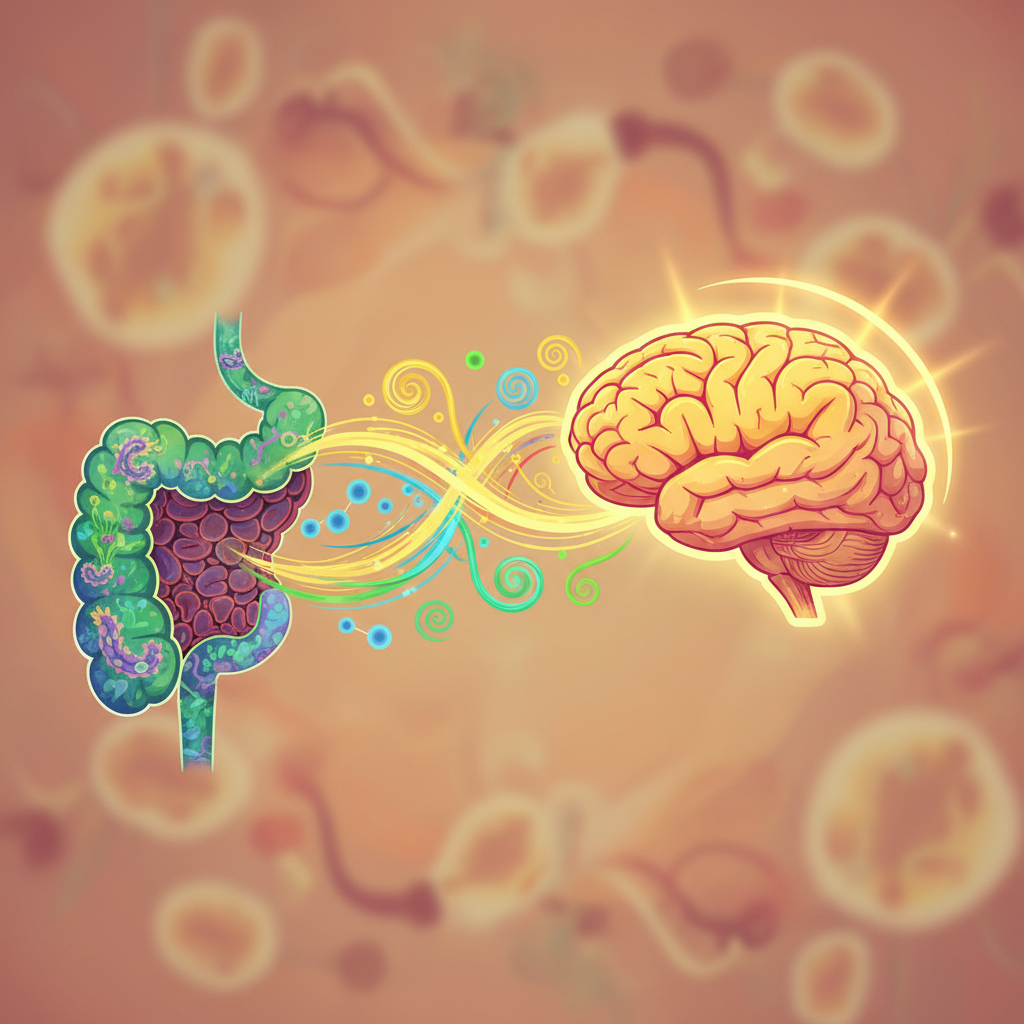 Bağırsak mikrobiyotası ile beyin arasındaki serotonin, dopamin, GABA akışını gösteren canlı çizim. Mutlu ruh hali için denge.