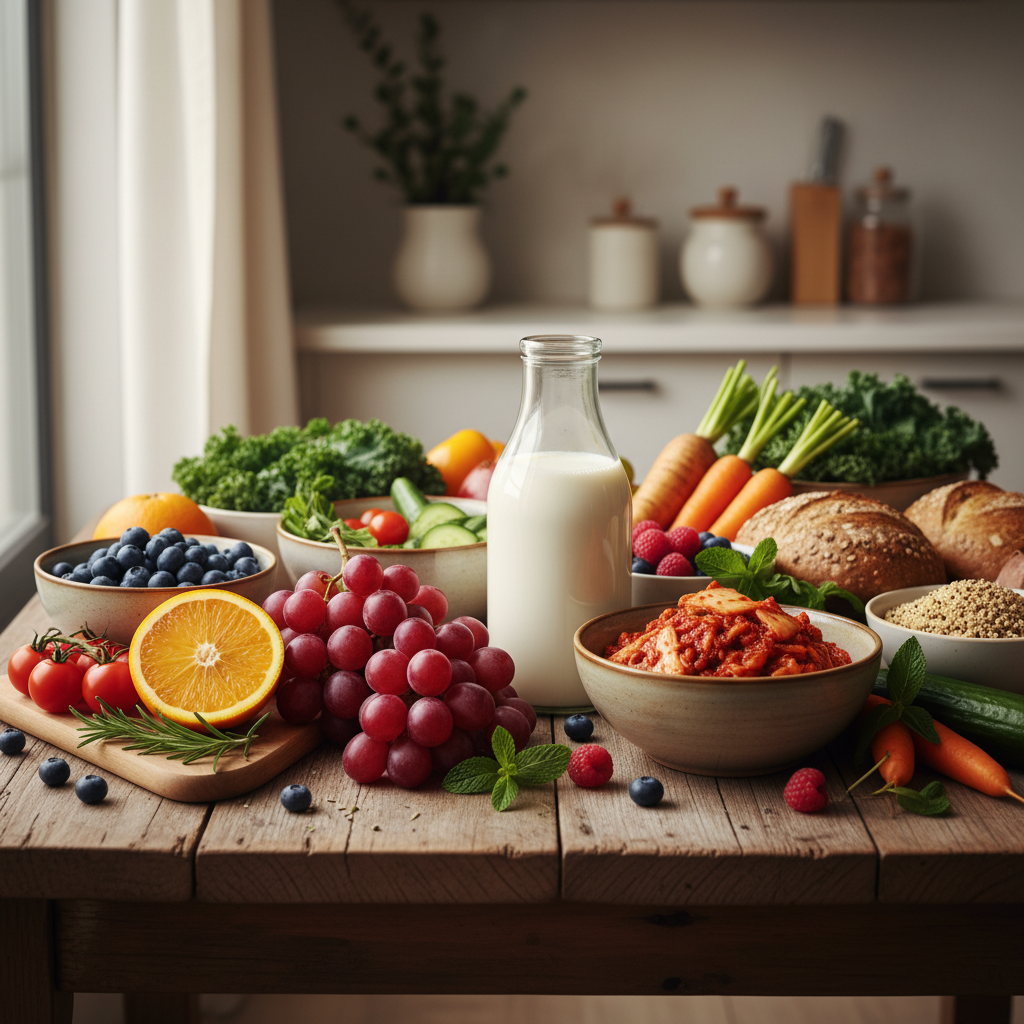 Rustik masada kefir, kimchi, meyve ve tam tahıllı rengarenk sağlıklı besinler. Bağırsak mikrobiyotası ve mutlu ruh hali için ideal.