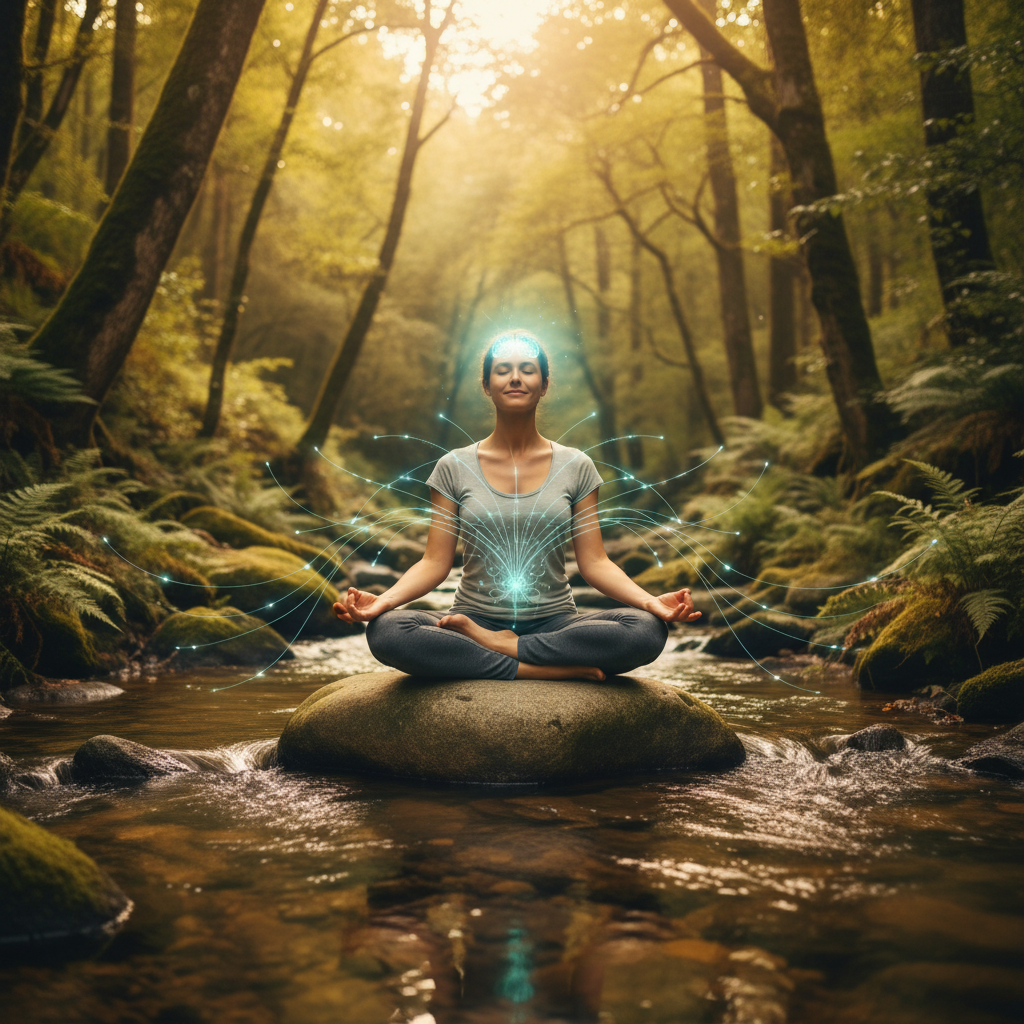 Sakin doğada meditasyon yapan kişi, sağlıklı bağırsak-beyin bağlantısı ve stres azaltma ile ruh halini dengeliyor. Farkındalık ve esenlik.