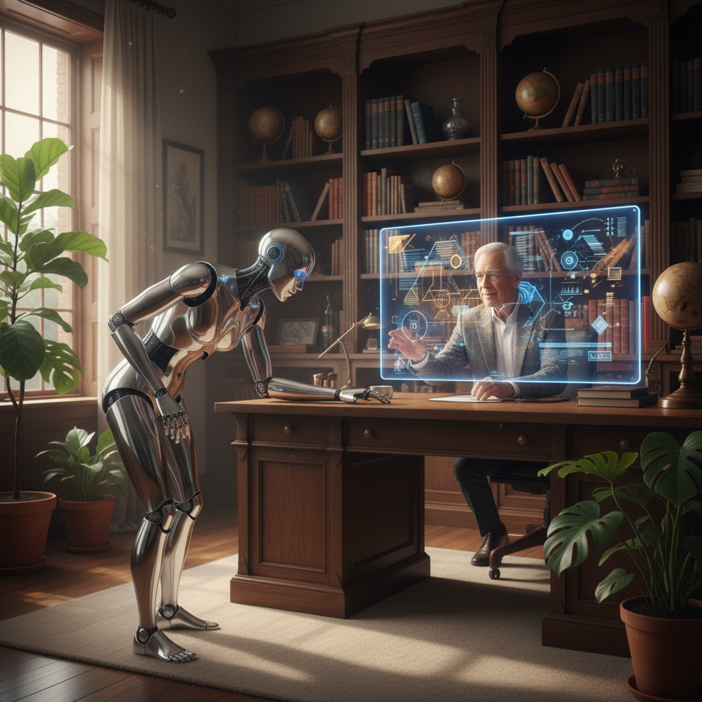 Tecrübeli bir uzman, yapay zeka robotuna prompt mühendisliği ile karmaşık kavramları açıklıyor, AI modellerinden verim alma rehberi.