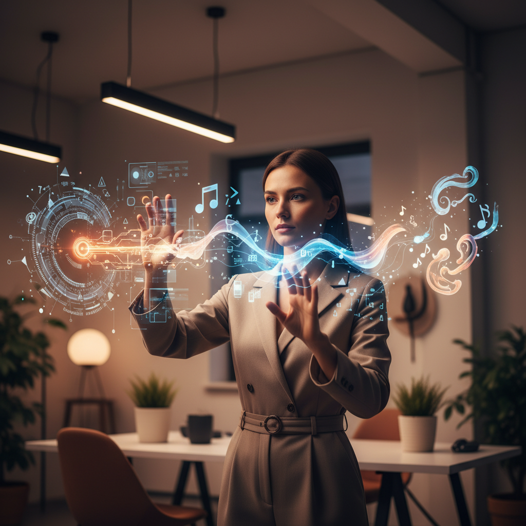 Prompt mühendisliği tekniklerini kullanarak fütüristik arayüzde mesaj oluşturan kişi. Yapay zeka modellerinden maksimum verim alma.