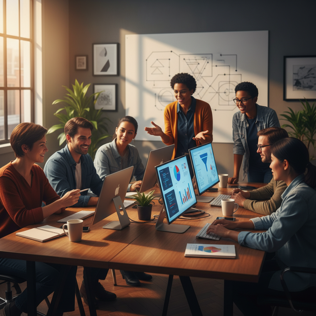 Çeşitli ekip, prompt mühendisliğiyle AI araçlarını etkin kullanarak yapay zeka modellerinden maksimum verim alıyor. Pazarlama, kodlama ve veri analizi işbirliği.