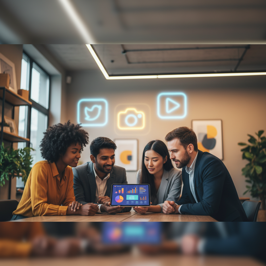 Küçük işletme sahipleri dijital pazarlama kontrol paneli ve sosyal medya verilerini tablette inceliyor. İşletme büyümesi için dijital stratejiler geliştiriyorlar.