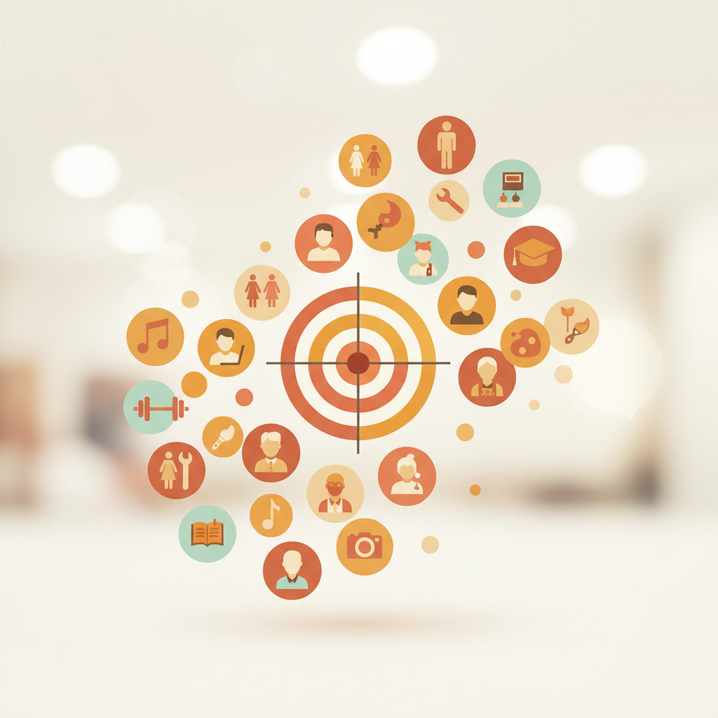 Dijital pazarlama için hedef kitle tanımı infografiği: Yaş, cinsiyet, ilgi alanları ikonlarıyla canlı müşteri segmentasyonu örneği.