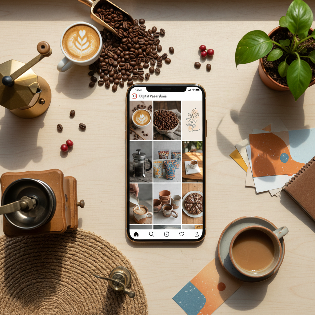 Yaratıcı Instagram akışı: Küçük işletme ürünleri için renkli, flat lay görsellerle dijital pazarlama ve sosyal medya tanıtımı. KOBİ'lere özel.