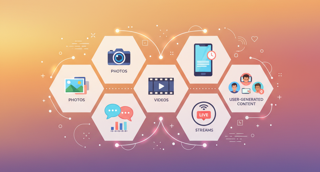 Sosyal medya pazarlama için fotoğraf, video, hikaye, canlı yayın gibi etkili içerik türlerini gösteren dijital pazarlama infografiği.