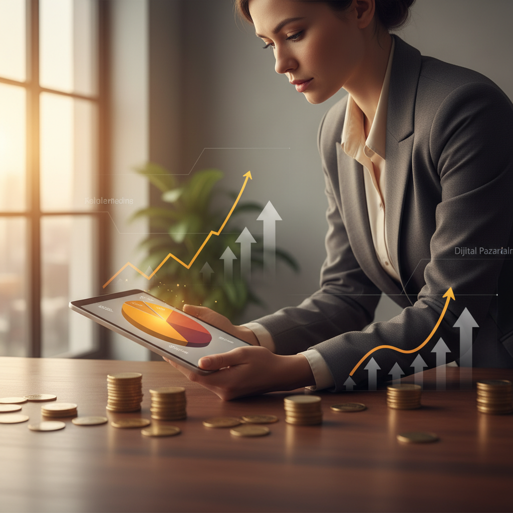 Dijital pazarlama uzmanı, sosyal medya bütçe dağılımını pasta grafik üzerinde analiz ediyor; büyüme hedefleri için strateji geliştiriyor.