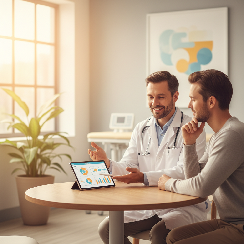 Doktor, SGK'lı hastaya modern hastanede Tamamlayıcı Sağlık Sigortası (TSS) 2025 planını açıklıyor.