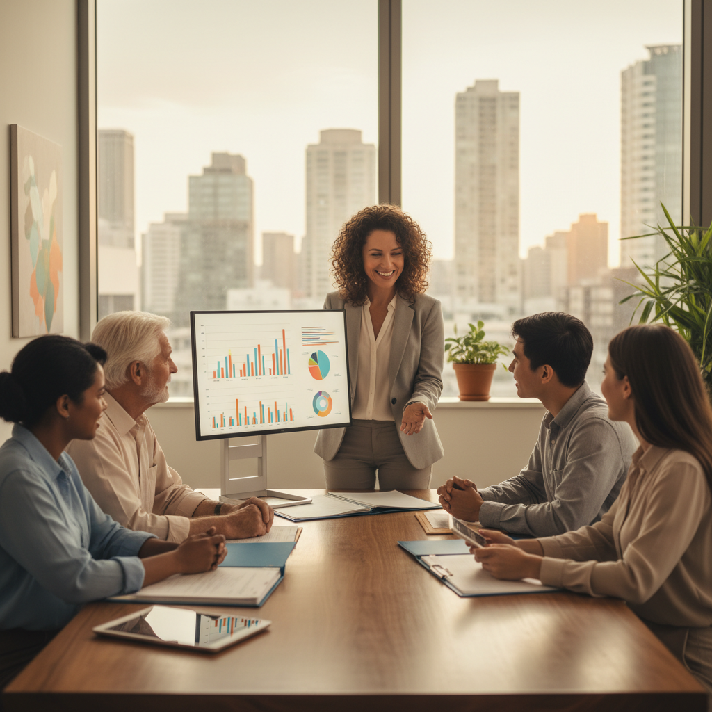 SGK'lılar ve sigorta acentesi, modern ofiste TSS planlarını görüşüyor. Farklı yaşlar için Tamamlayıcı Sağlık Sigortası 2025 rehberi.