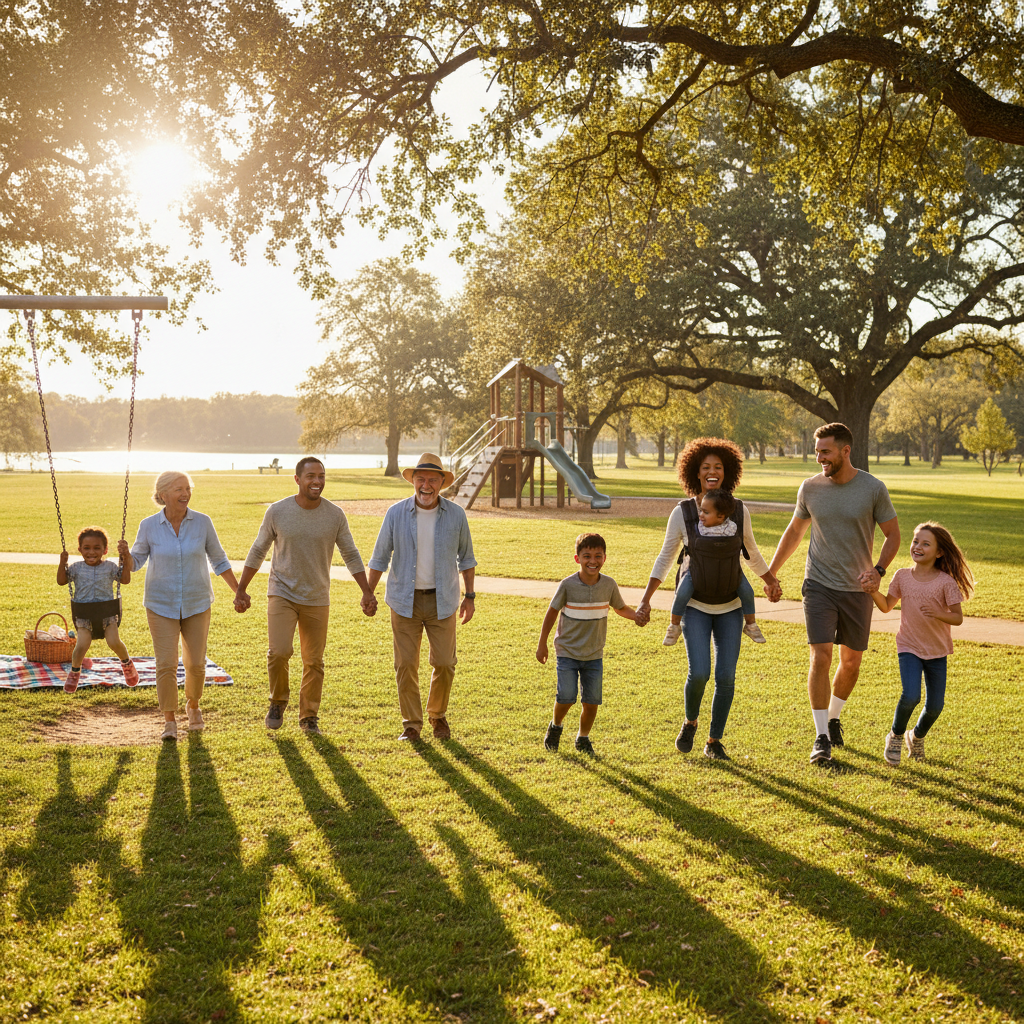 Dışarıda sağlıklı vakit geçiren mutlu, çok kuşaklı aile. SGK Tamamlayıcı Sağlık Sigortası (TSS) ile aile sağlığı güvencesi.
