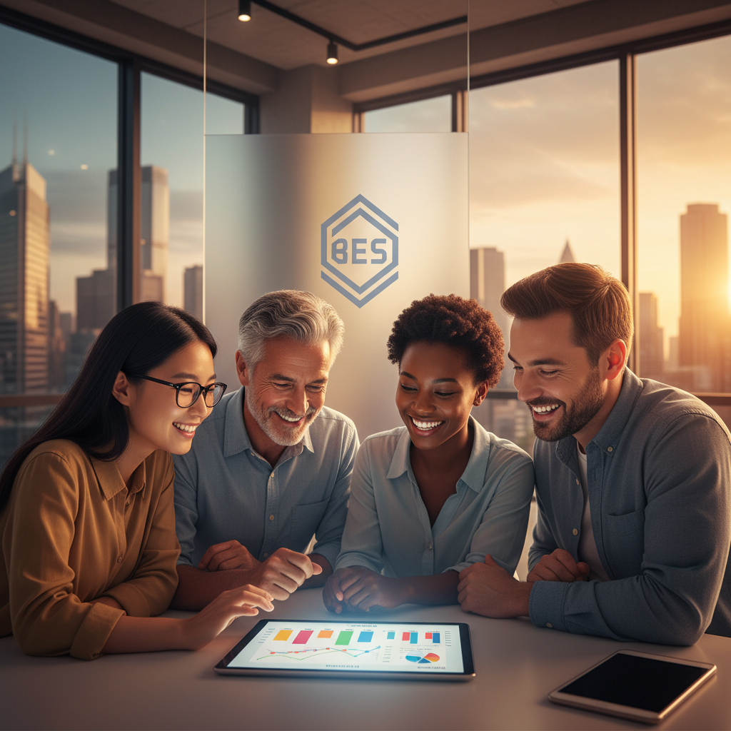 Farklı yaş gruplarından kişiler, BES logosu eşliğinde tablet üzerinden finansal geleceklerini planlıyor, %30 devlet katkısını konuşuyor.