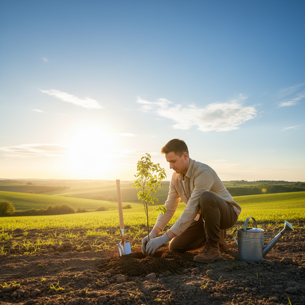 BES ile uzun vadeli yatırım ve finansal büyümeyi simgeleyen ağaç diken kişi. Emeklilik için %30 devlet katkısı avantajı.