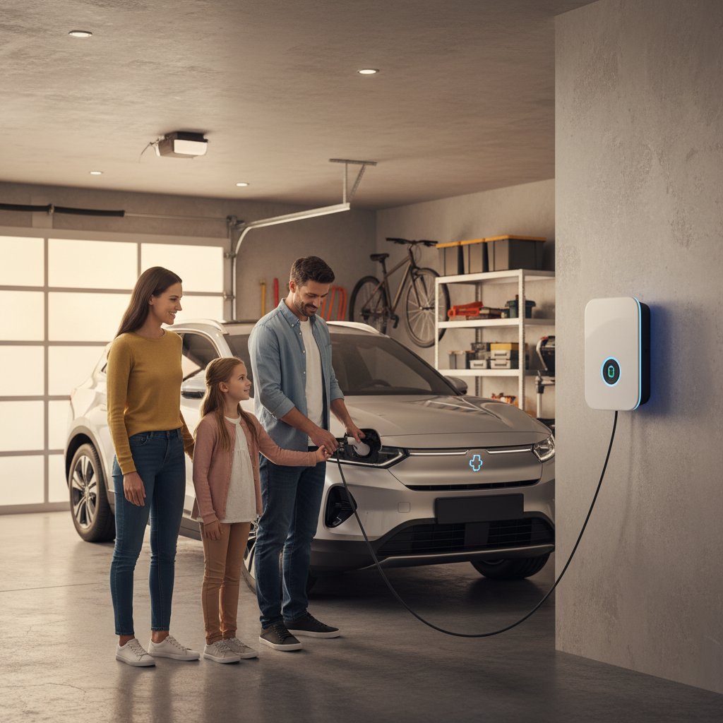 Aile, elektrikli arabasını evde şarj ederken. Güvenli wallbox ile pratik şarj, Türkiye'de elektrikli araç maliyetleri ve avantajları.