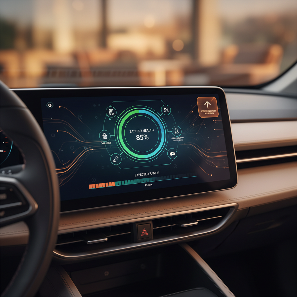 Elektrikli araç dijital göstergesinde batarya sağlığı ve yazılım güncellemesi. Batarya ömrünü uzatma ve bakım ipuçları için kritik veri.
