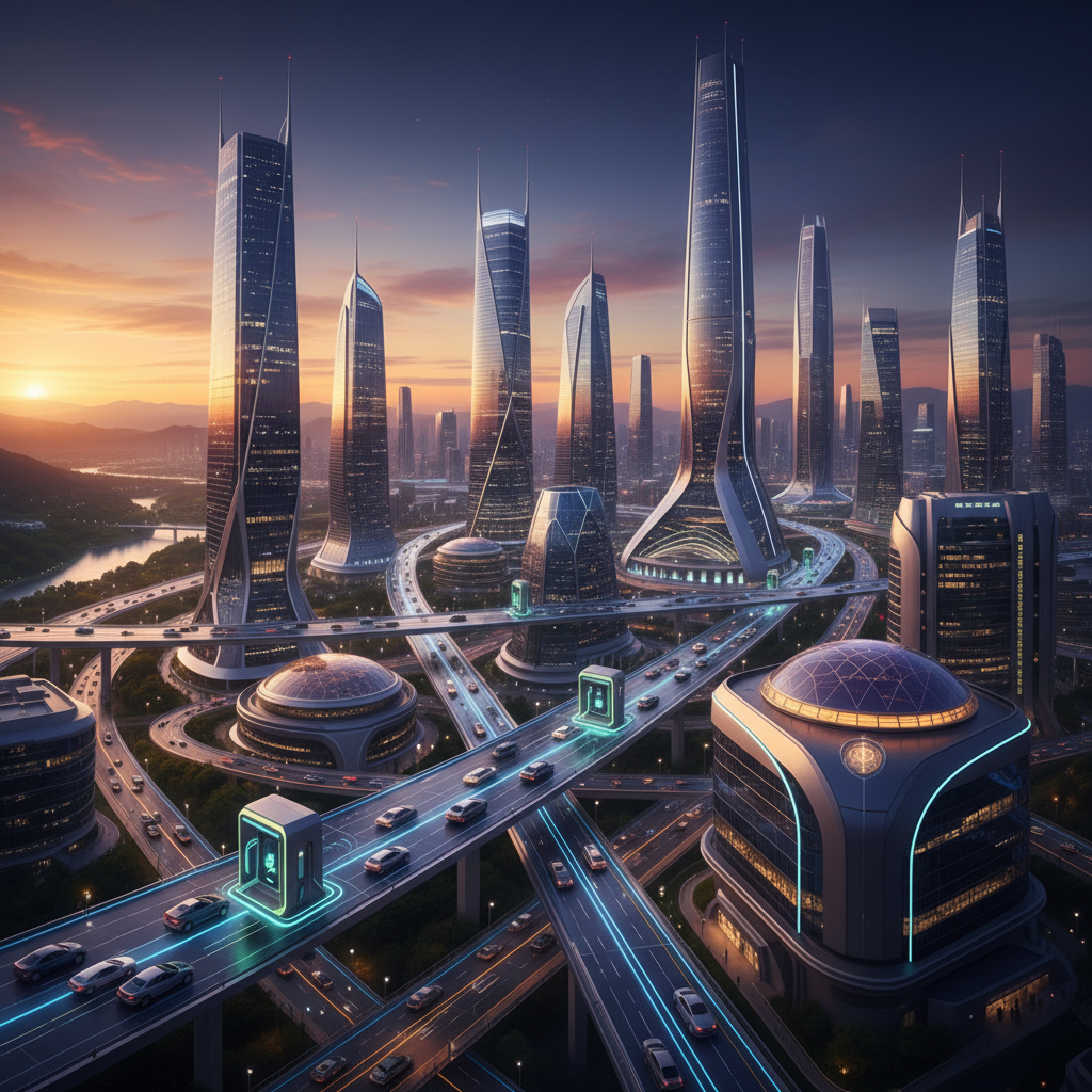 Türkiye'nin fütüristik şehir silüetinde elektrikli araçlar ve şarj istasyonları. 2025 EA şarj yatırımı ve karlılık rehberi.