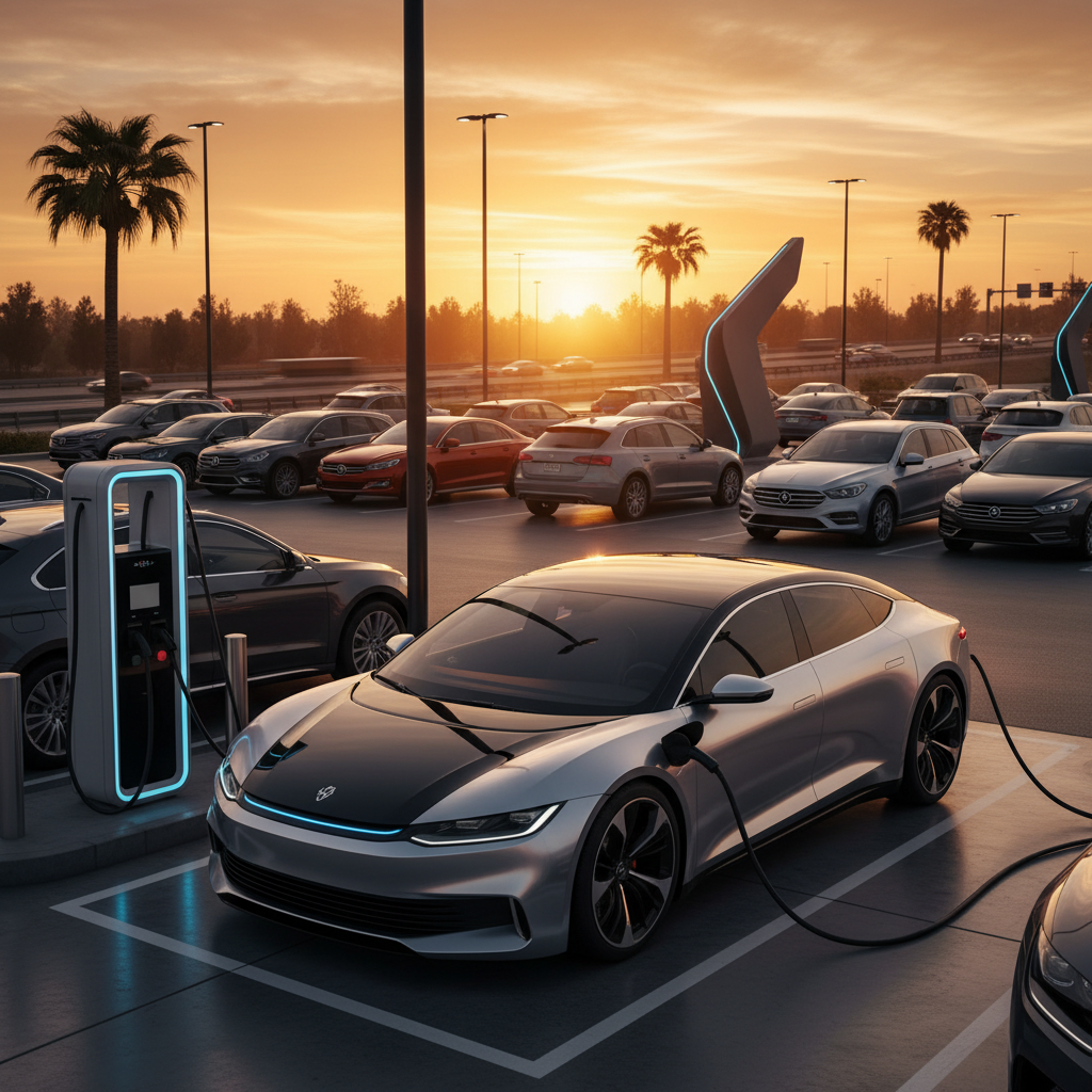 Gün batımında otoyolda DC hızlı şarj istasyonunda modern elektrikli araç şarj oluyor. 2025 Türkiye şarj ağı yatırımı ve gelecek trendleri.