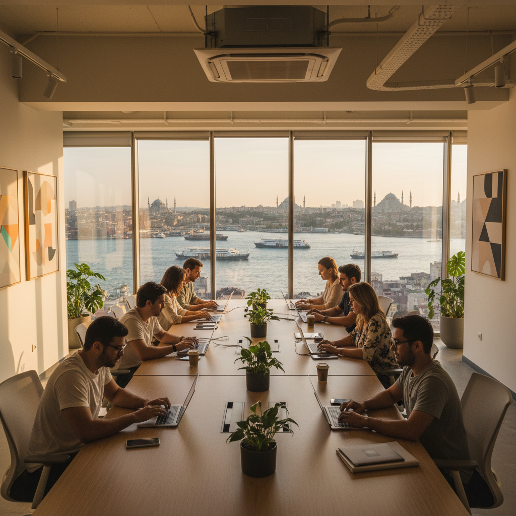 İstanbul Boğazı manzaralı modern ofiste çalışan dijital göçebeler. 2025 Türkiye Dijital Göçebe Vizesi ve küresel finansal planlama.