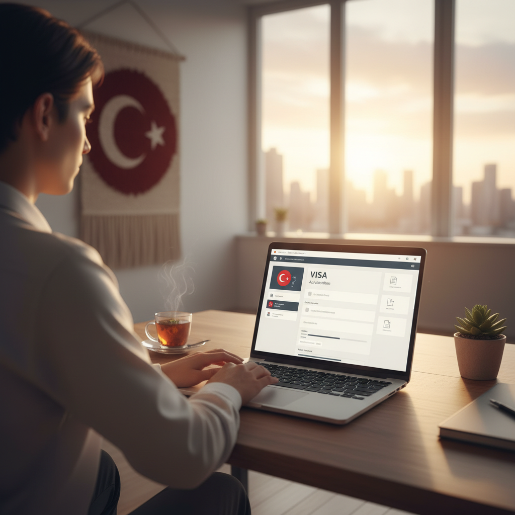 Laptopta Türkiye dijital göçebe vizesi online başvurusu yapan uzaktan çalışan. Sorunsuz çevrimiçi süreç.