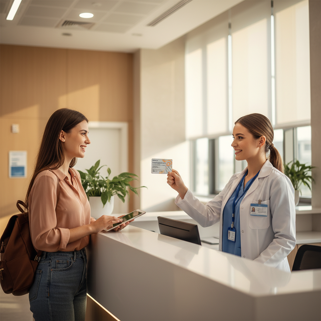 Türkiye'de hastanede sağlık sigortasını gösteren dijital göçebe. Uzaktan çalışanlar için 2025 vizesi ve küresel finansal güvenlik.