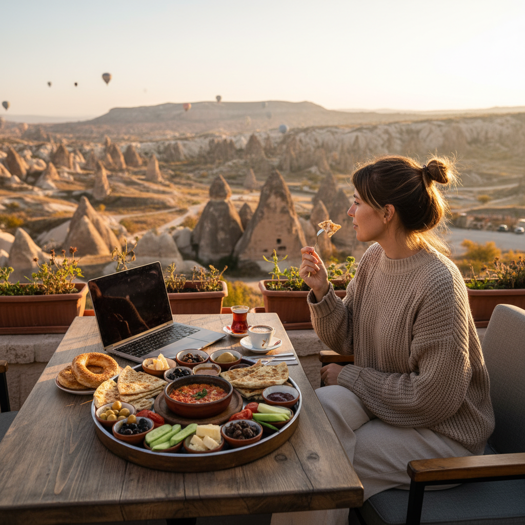 Kapadokya'da kahvaltı yapan dijital göçebe. 2025 Türkiye Dijital Göçebe Vizesi ile uzaktan çalışma ve finansal planlama.