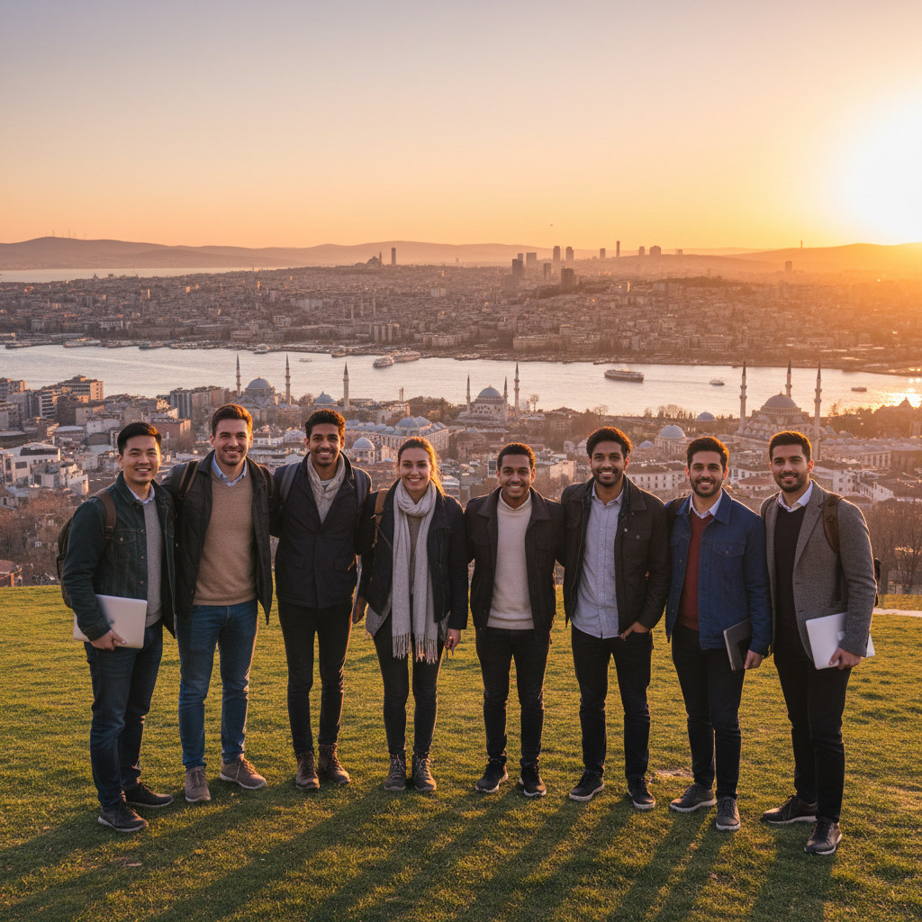 Türkiye'de gün batımında mutlu dijital göçebeler. 2025 Türkiye Dijital Göçebe Vizesi rehberiyle uzaktan çalışanlara küresel finansal planlama.