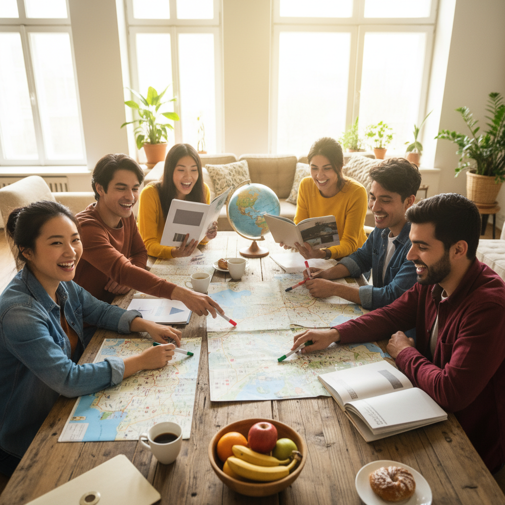Seyahat planlayan mutlu arkadaşlar. Yurtdışı seyahat sigortası ile güvenli ve kapsamlı bir gezi için rehberiniz.
