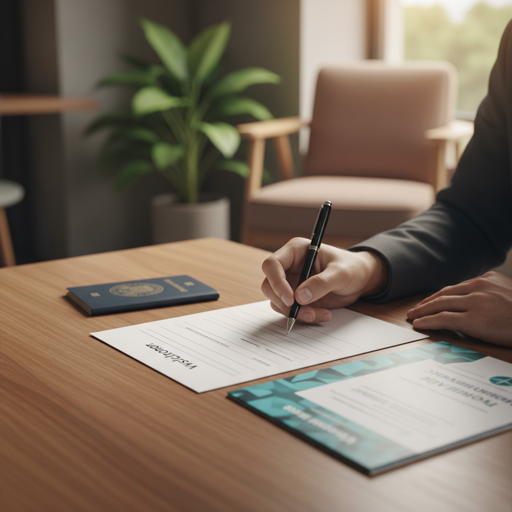 Vize formu dolduran, masasında pasaport ve yurtdışı seyahat sigortası poliçesi olan kişi. Kapsamlı seyahat sigortası rehberi.