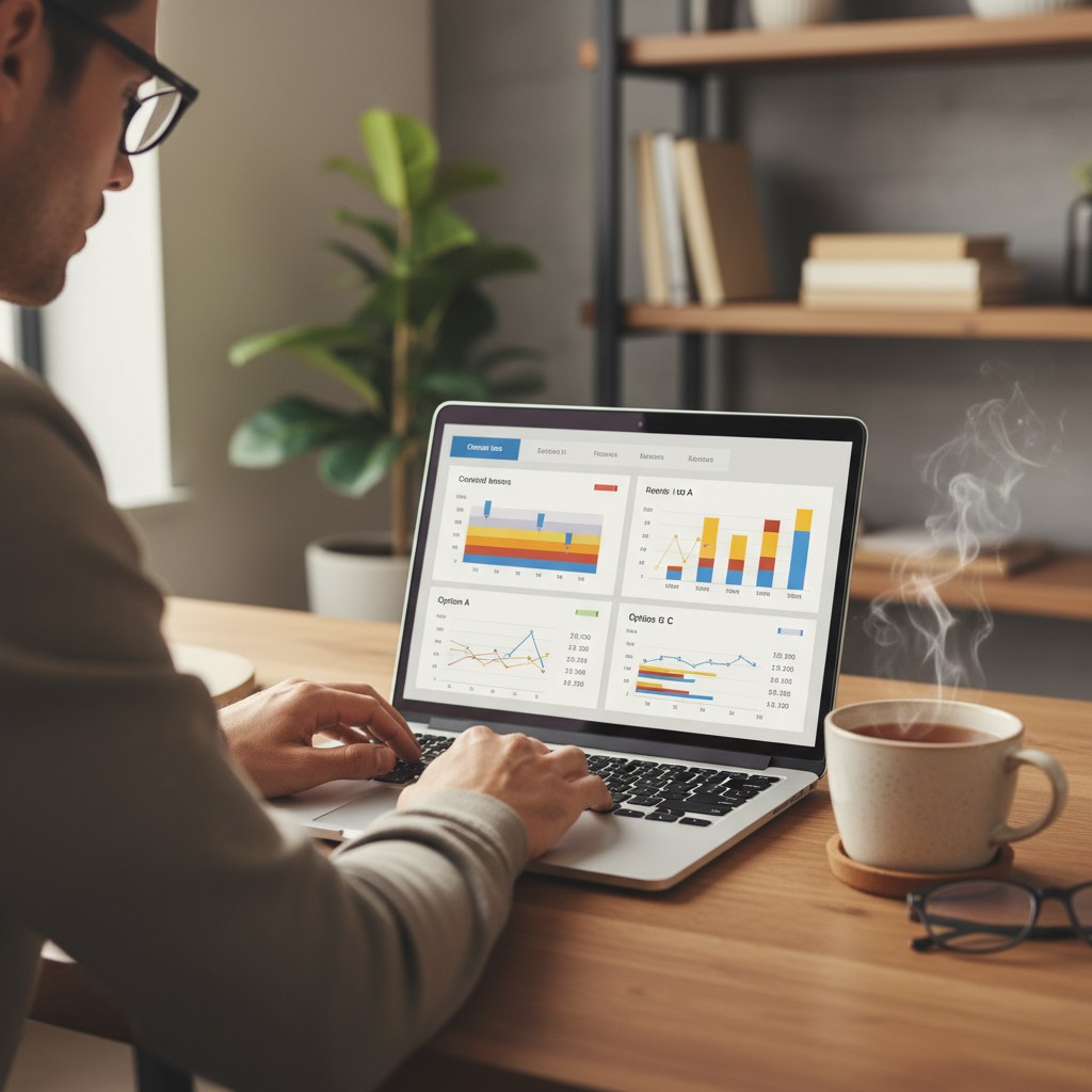 Yurtdışı seyahat sigortası poliçelerini dizüstü bilgisayarda dikkatle karşılaştıran bir kişi. En kapsamlı seçimi yaparken nelere dikkat edilmeli?