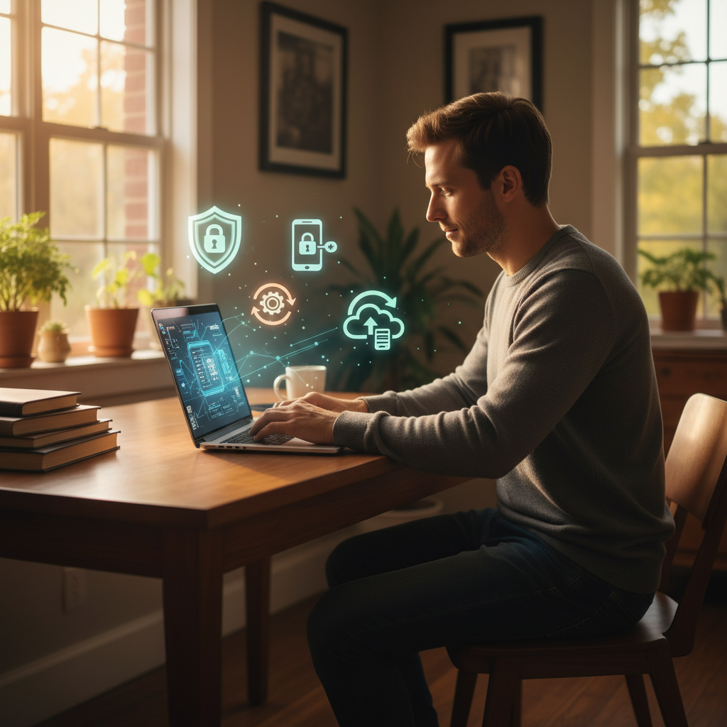 2025 bireysel siber güvenlik trendleri: Bir kişi laptopunda güçlü şifre, MFA, yazılım güncelleme ve veri yedekleme ile dijital korunma sağlıyor.