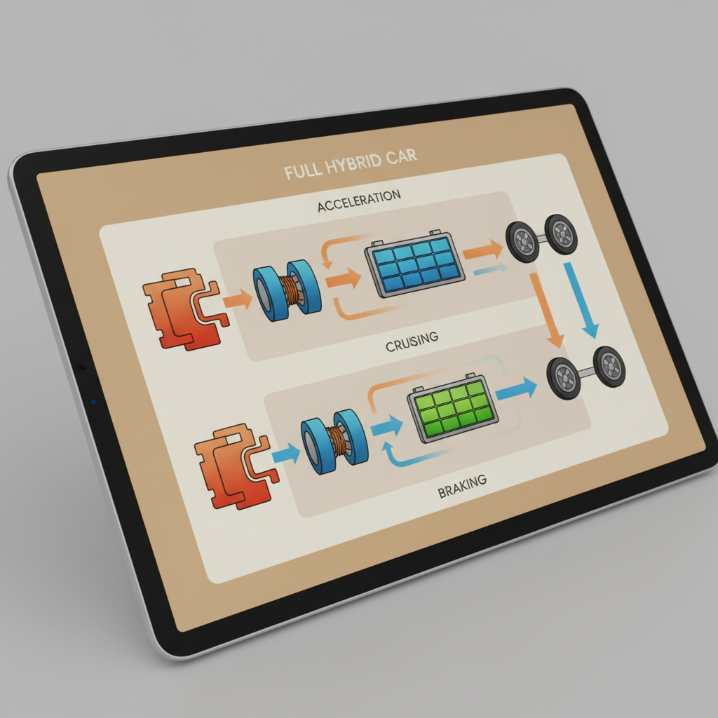 2025 Türkiye hibrit araç rehberi: Tam hibrit çalışma prensibi, motorlar, batarya ve farklı sürüş koşullarında güç akışı.