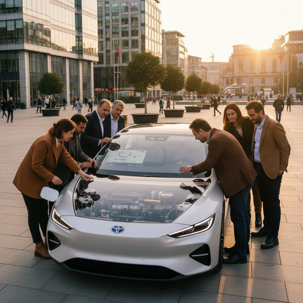 Türkiye'de yeni hibrit araca bakan bir grup. 2025 hibrit araç modelleri, avantajları ve çevre dostu taşıtlar rehberi.
