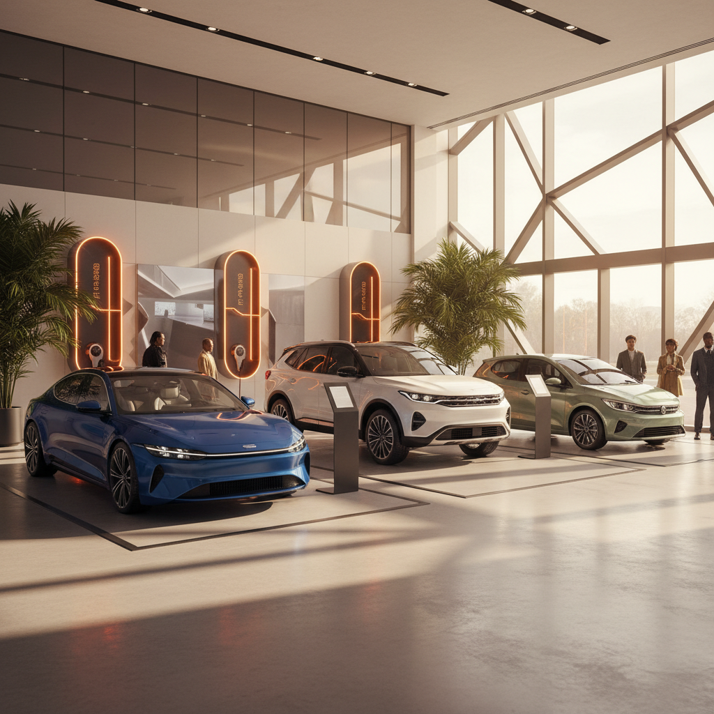 2025 Türkiye hibrit araç rehberi için modern showroomda sergilenen sedan, SUV ve hatchback hibrit modeller.