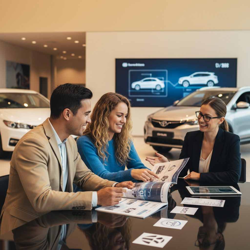 2025 Türkiye hibrit araç modelleri, avantajları ve akıllı satın alma ipuçları hakkında satış danışmanıyla görüşen bir çift.