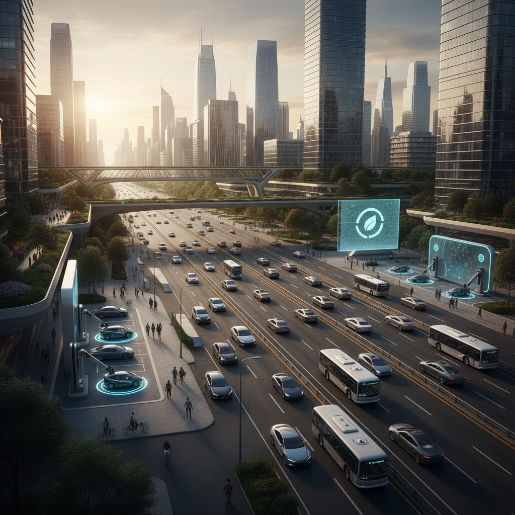 Fütüristik şehirde hibrit ve elektrikli araçlar, şarj istasyonları. 2025 Türkiye hibrit araç rehberi için geleceğin ulaşımını keşfedin.