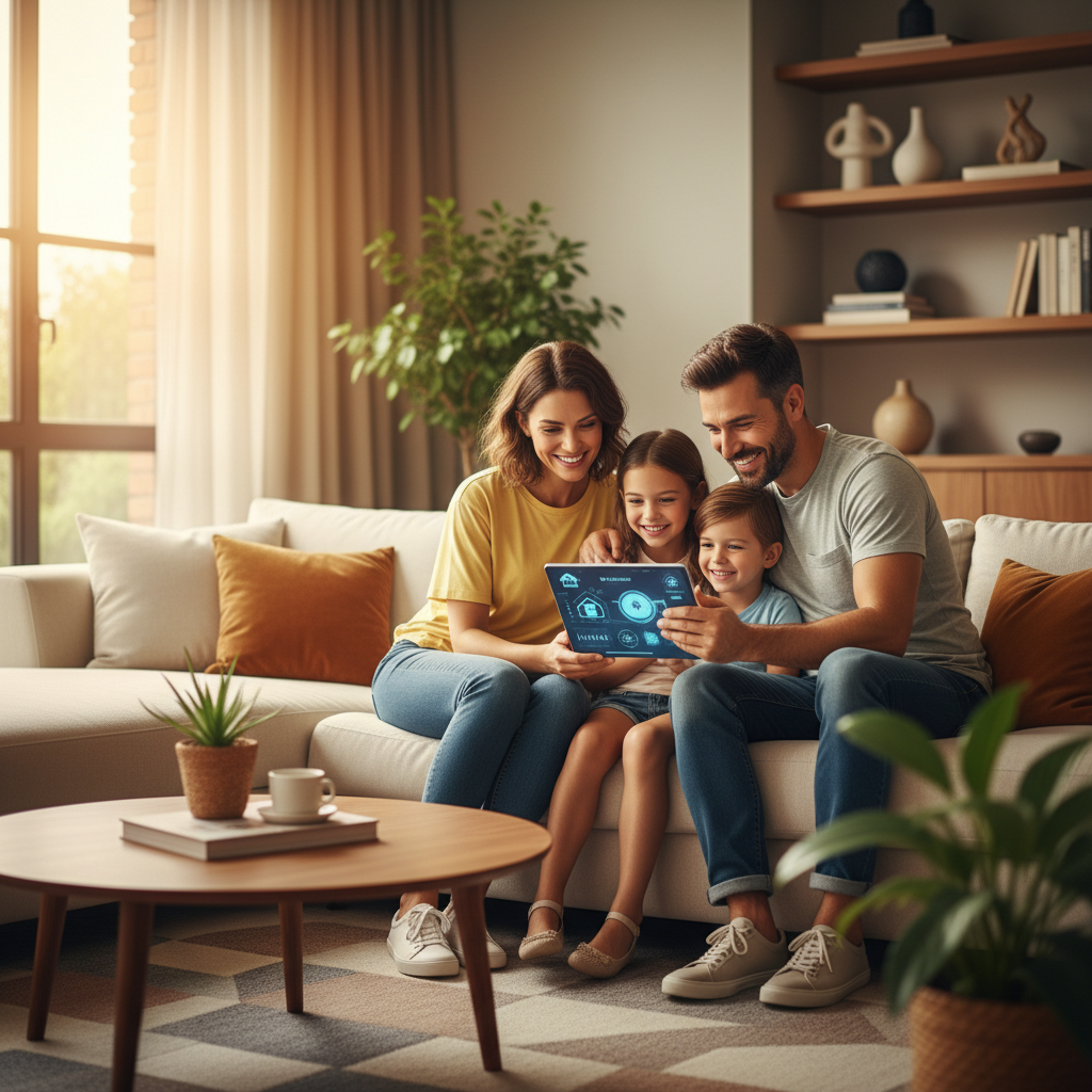 Güvende hisseden bir aile, tabletinde 2025 Türkiye konut sigortası poliçesini inceliyor. En kapsamlı fiyat karşılaştırması için rehber.