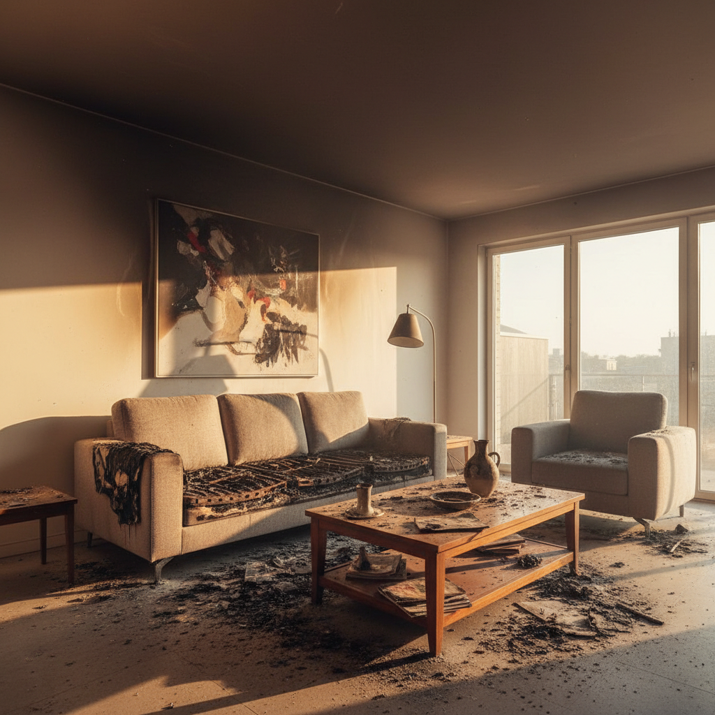 Yangın sonrası hasarlı oturma odası. 2025 Türkiye konut sigortası rehberiyle riskleri karşılaştırın.