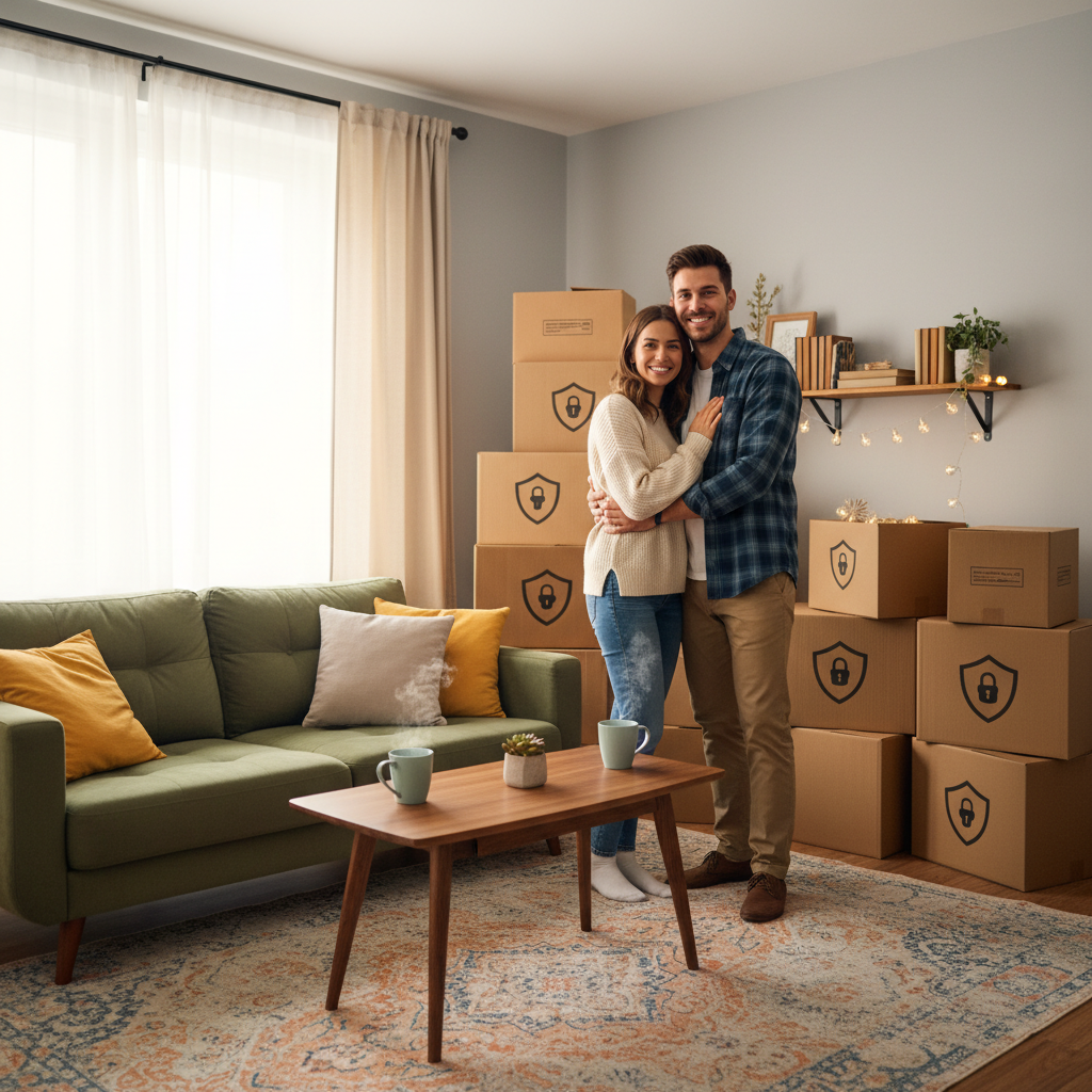 Kiralık dairesinde mutlu ve güvende duran genç kiracı çift. 2025 Türkiye Konut Sigortası rehberi ile eşyalarını en iyi poliçe ile güvenceye aldılar.