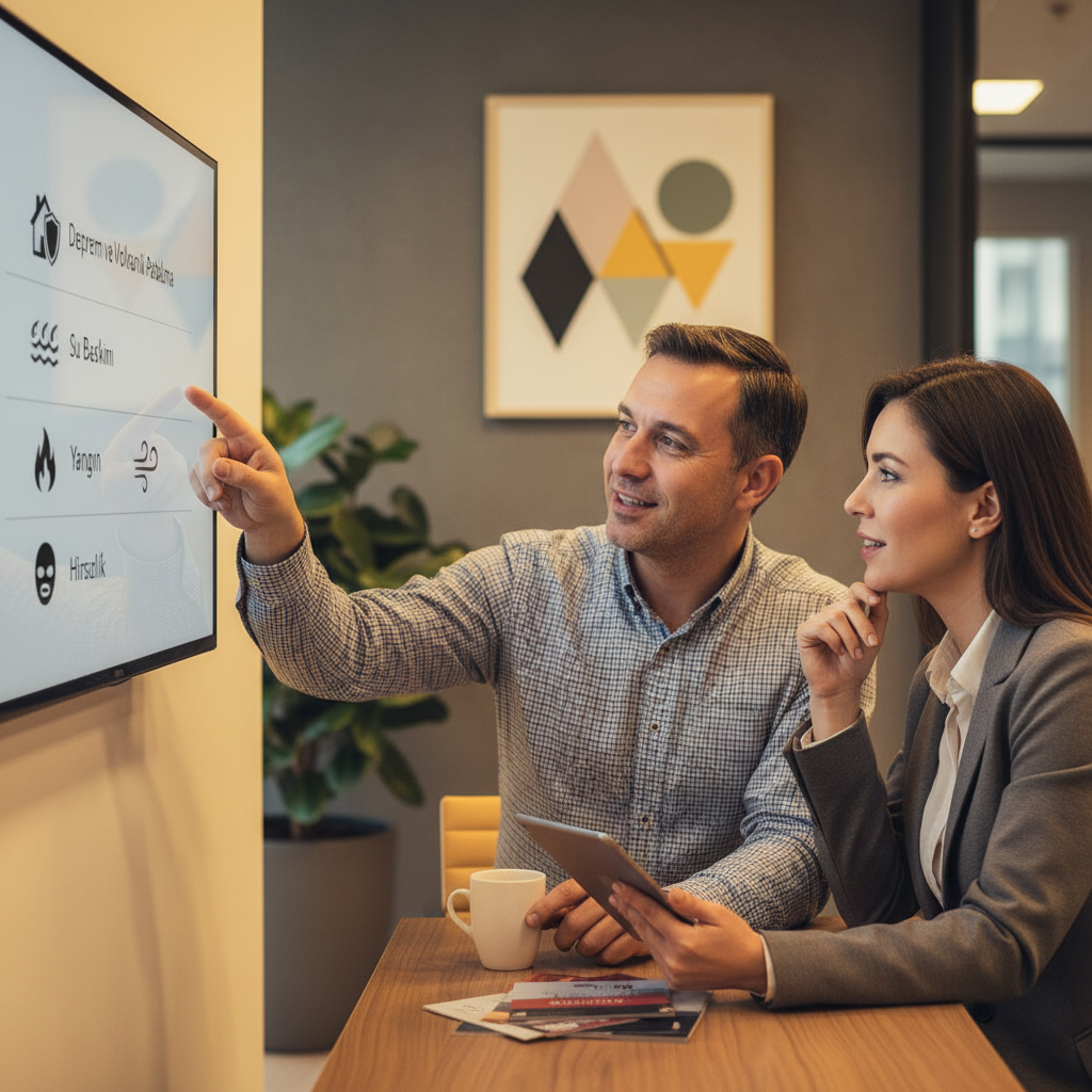 Ev sahibi, sigorta acentesiyle 2025 konut sigortası ek teminatlarını ve poliçe fiyatlarını karşılaştırıyor. Kapsamlı rehber için görüşüyorlar.