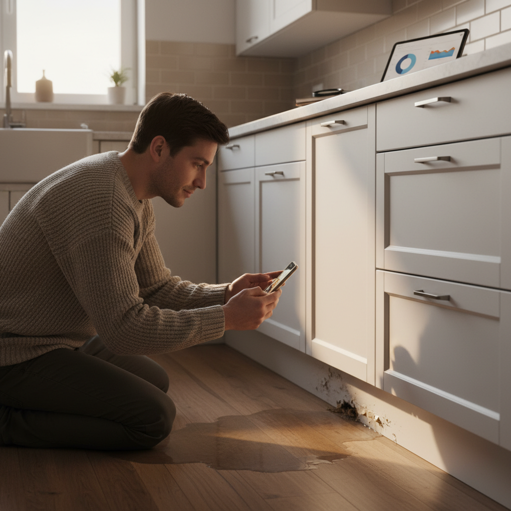 Mutfakta su sızıntısı hasarını belgeleyen kişi. 2025 konut sigortası talebi için hasar tespiti ve sigorta süreci ipuçları.
